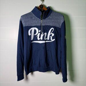 PINK Quarter-Zip Pullover Sweatshirt Navy & White Heathered Sz Large